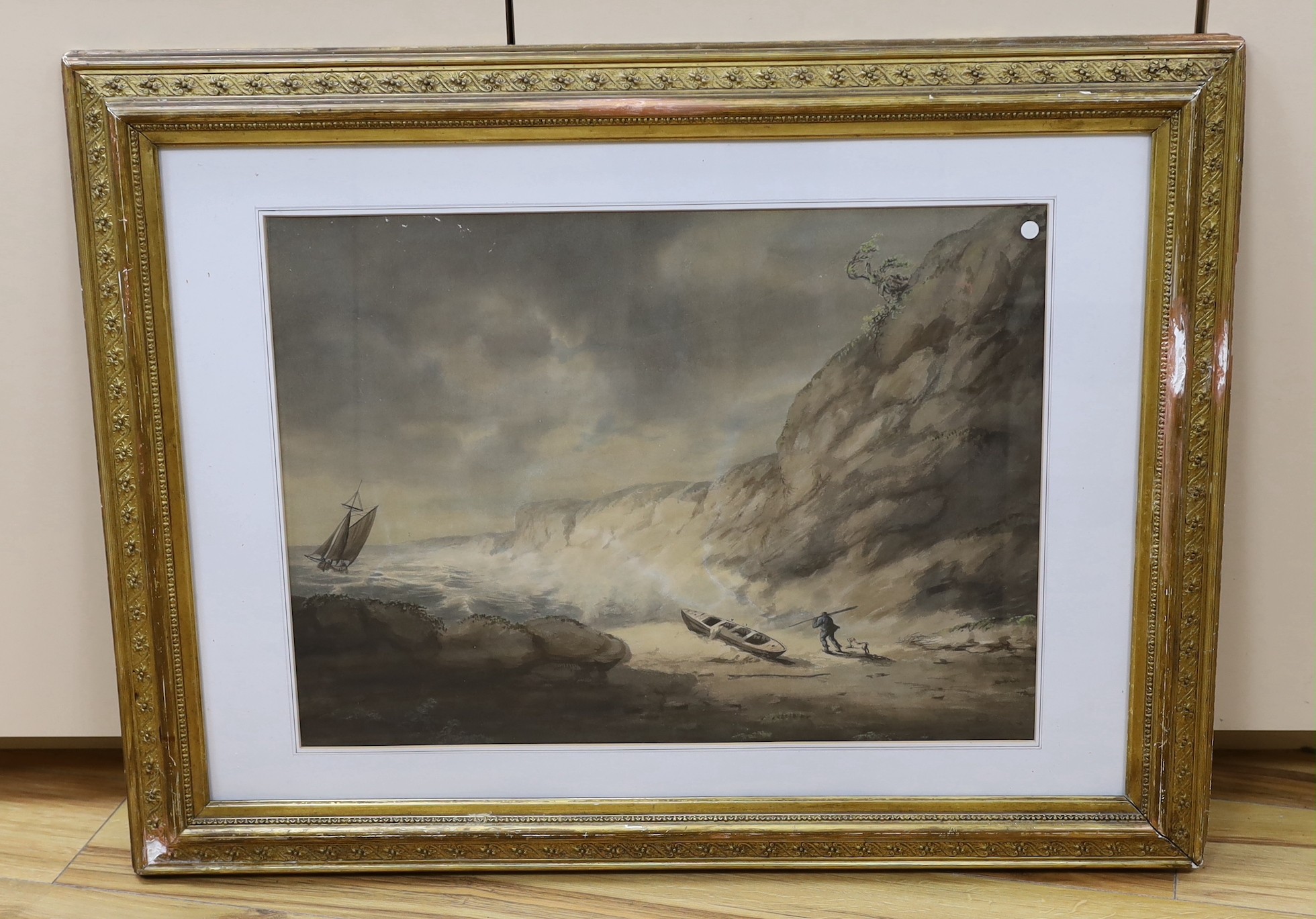 19th century English School, watercolour, Fisherman and dog in a rocky cove, 42 x 58cm